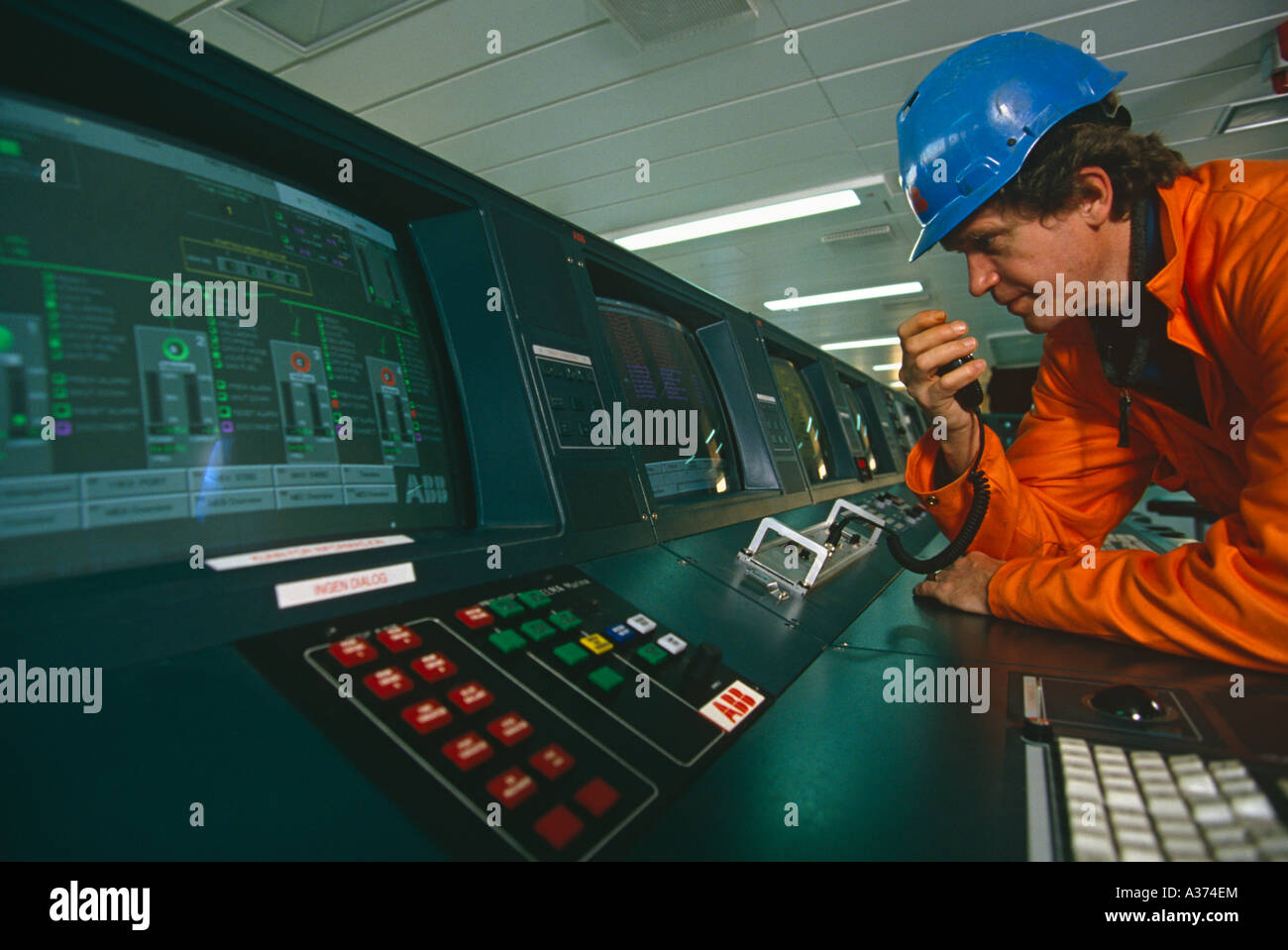 Control room of an oil rig in the North Sea off the coast of Norway Stock Photo