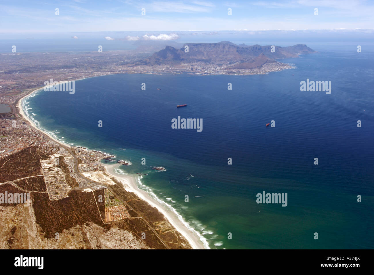 View over the city of Cape Town South Africa from the window of a Virgin Atlantic passenger jet. Stock Photo