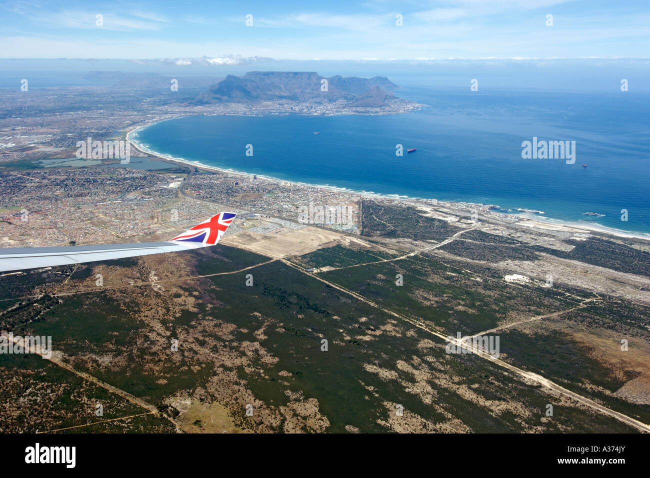 View over the city of Cape Town South Africa from the window of a Virgin Atlantic plane. Stock Photo