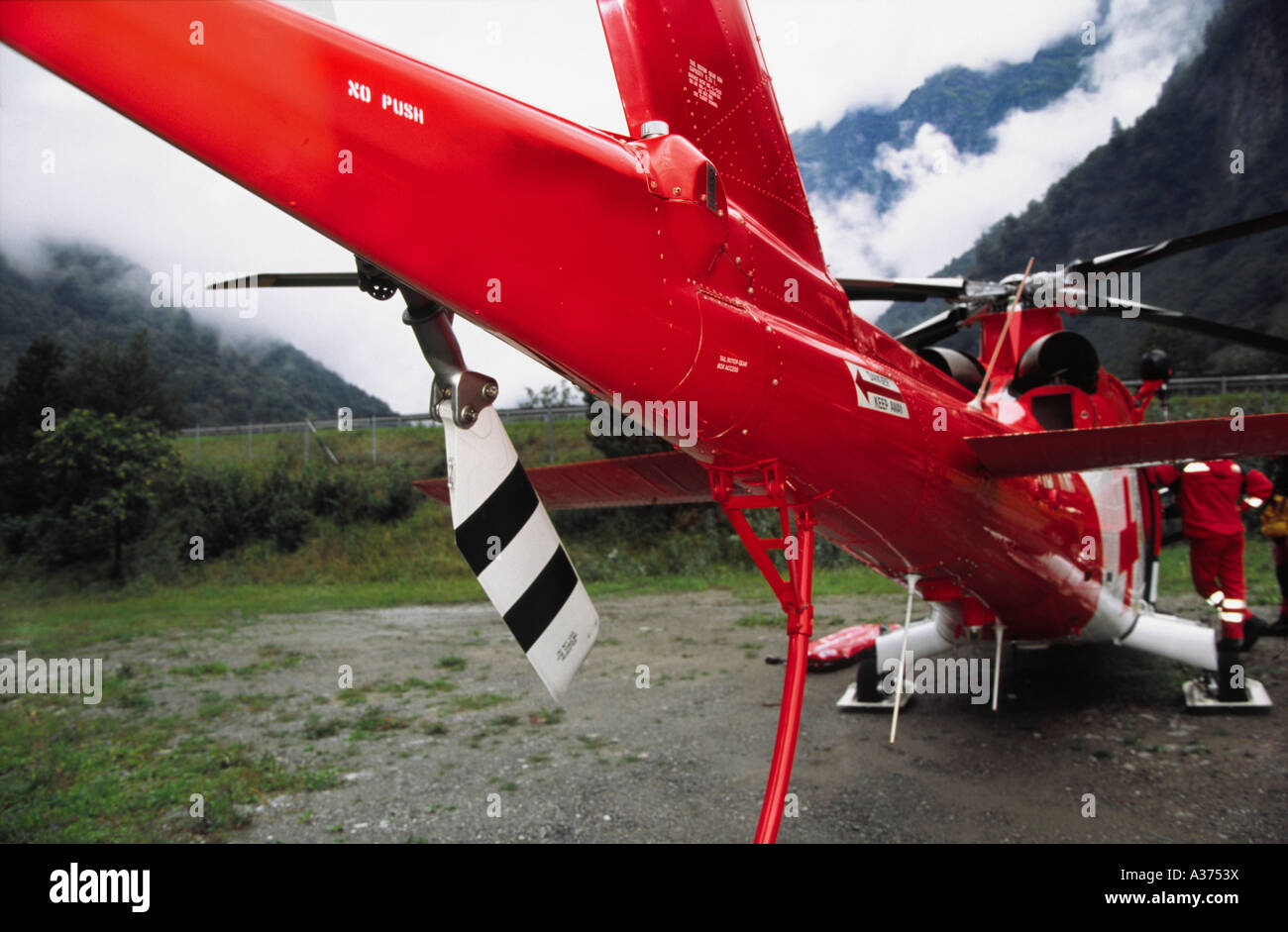 Tail of a Swiss rescue helicopter, Swiss mountains Stock Photo - Alamy