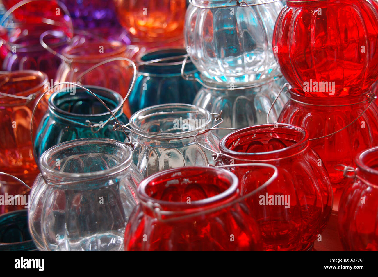 A collection of coloured glass jars Stock Photo Alamy