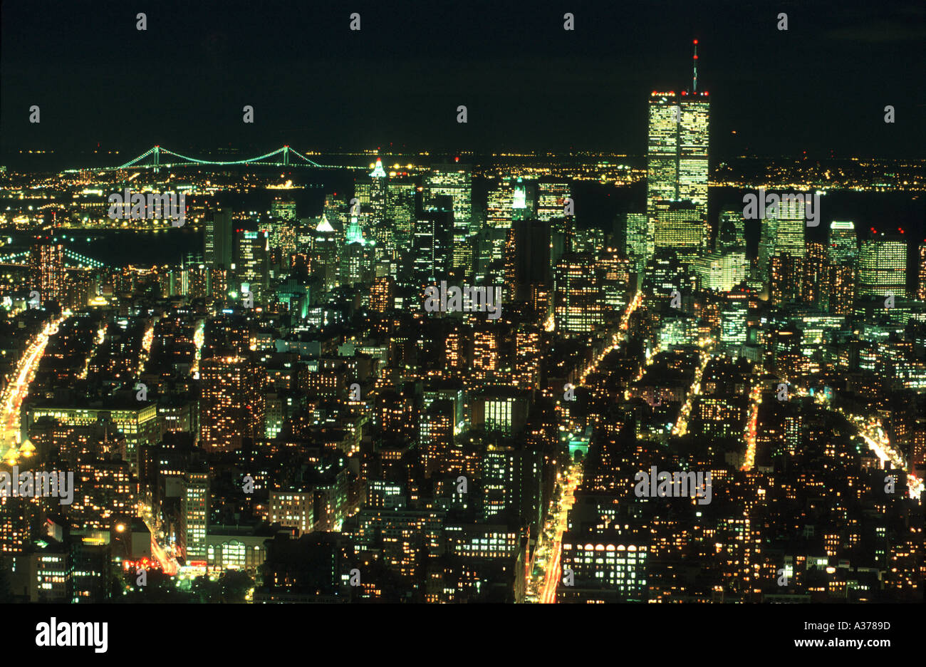 Aerial view of Lower Manhattan at night, New York City USA Stock Photo ...