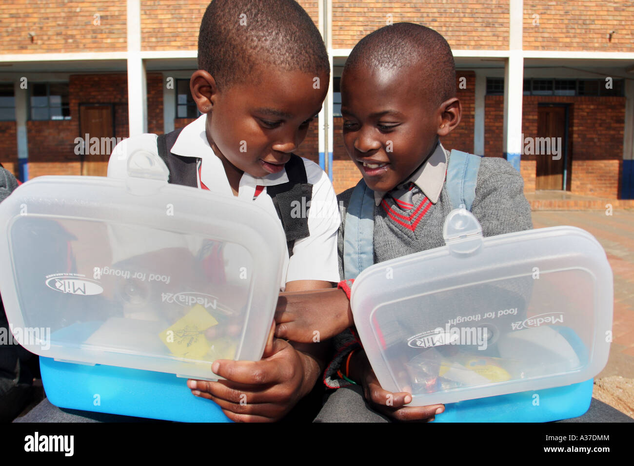Two African children in school uniform at a primary school in Soweto