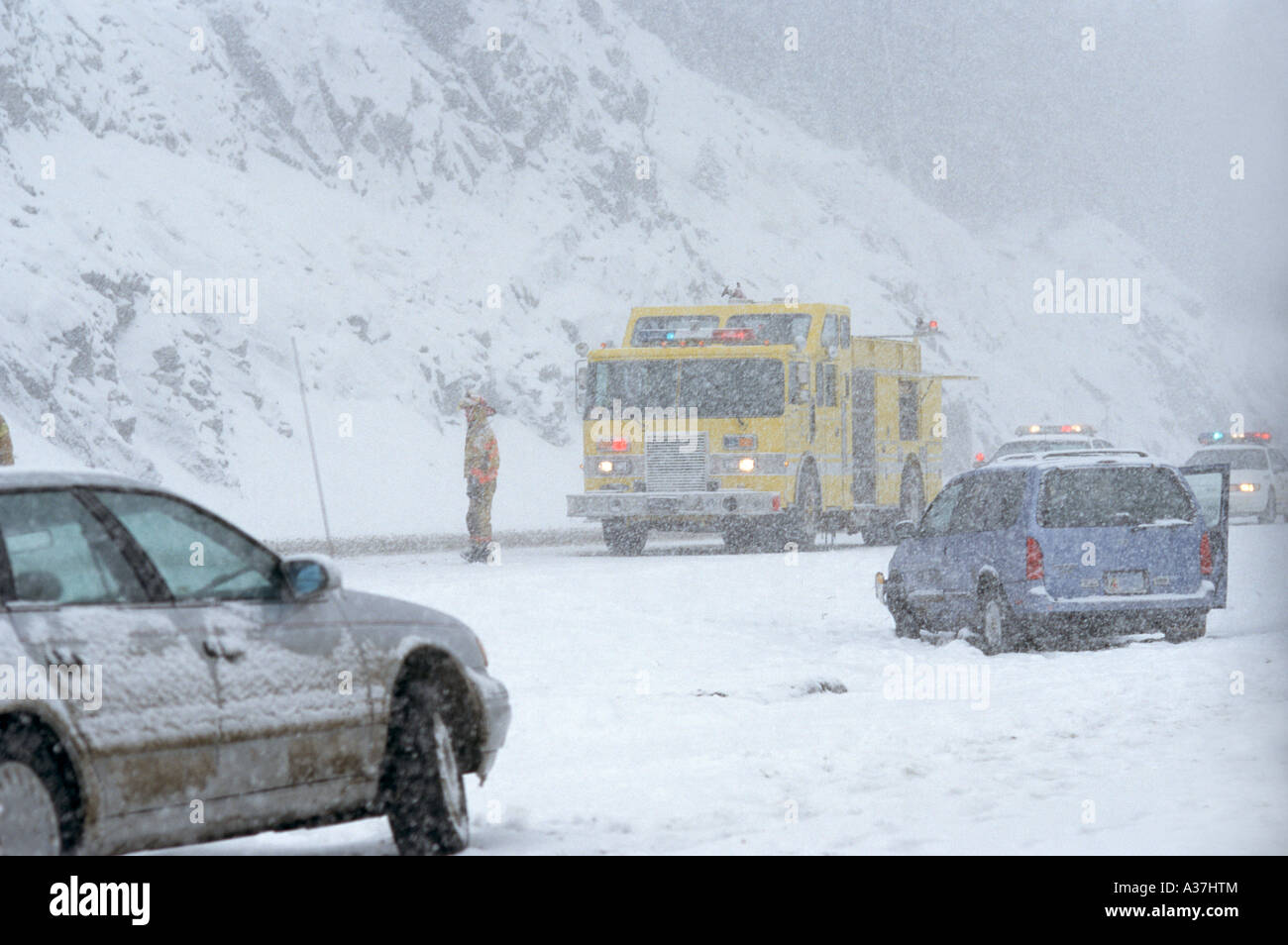 Accident caused by snow on I 70 in Colorado mountains near the Eisenhower Memorial Tunnel Stock Photo