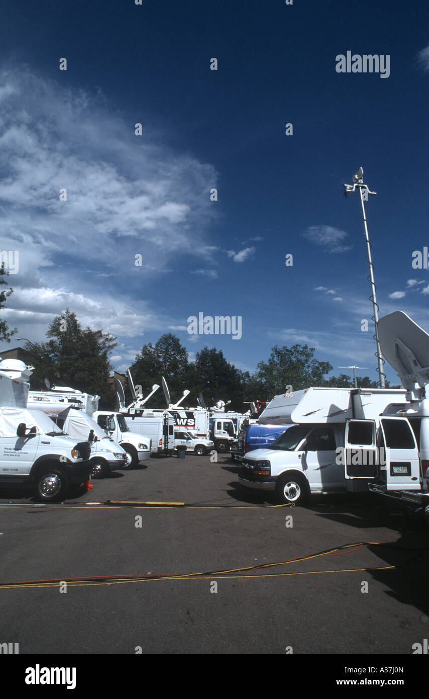 Portable microwave satellite dishes on news truck Stock Photo