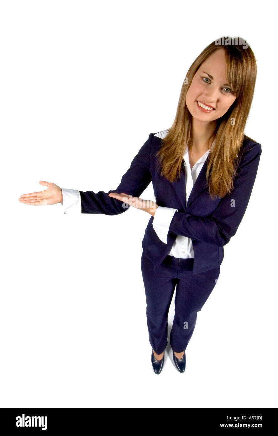 Wide Angle Shot From Above Of A Woman In A Blue Business Suit Motions Stock Photo Alamy