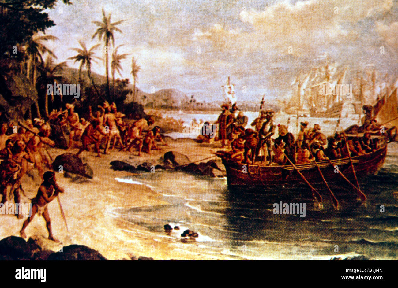 The Landing of Pedro Alvares Cabral in Porto Seguro in 1500 from Oil Painting by Oscar Pereira sa Silva - Depicting First Meeting Between Portuguese a Stock Photo