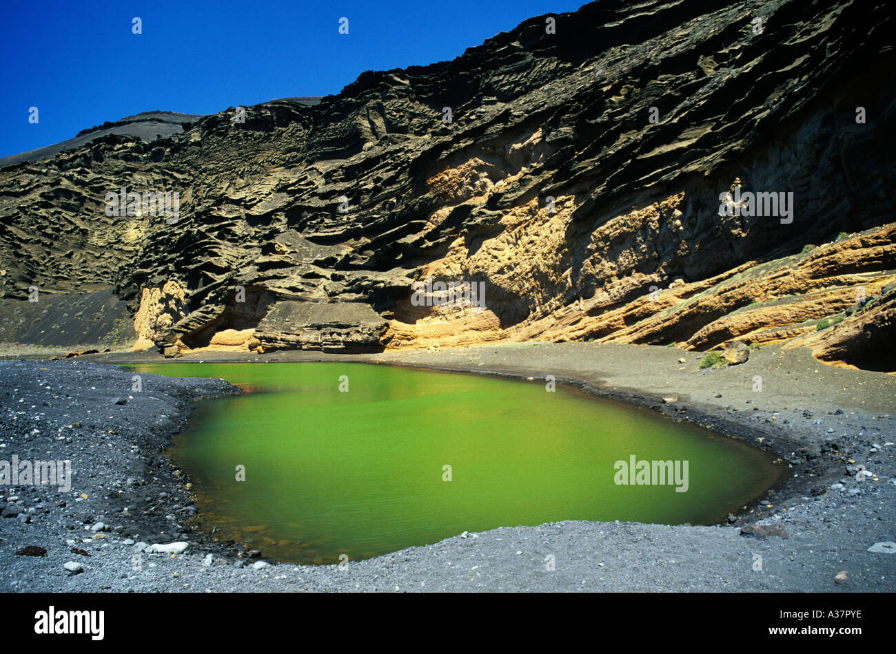 Pool at El Golfo with green algae Lanzarote Canary Islands Spain Stock Photo