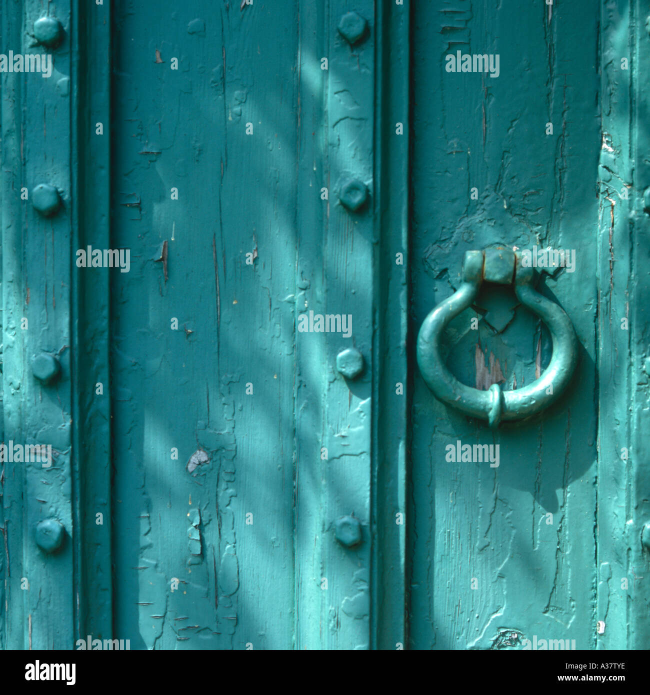 Green wooden door with iron handel Stock Photo Alamy
