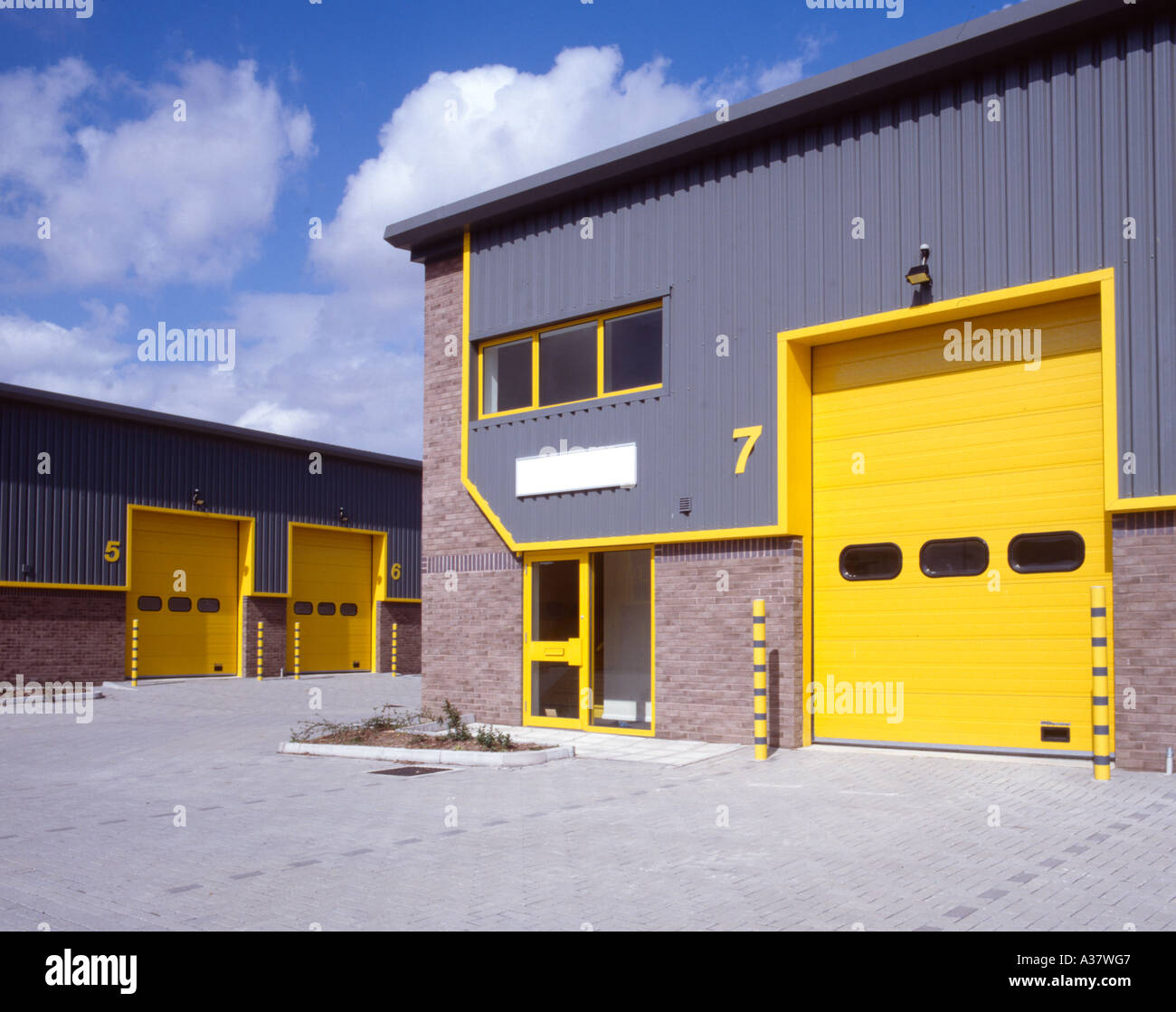 Yellow doors of new industrial units on Medway industrial Estate Strood