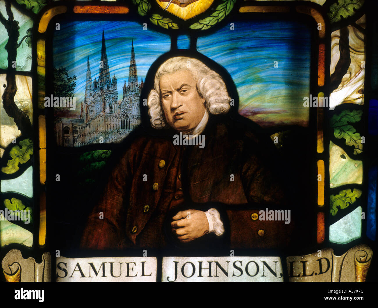 Dr Samuel Johnson Johnsons House stained glass window windows portrait at Gough Square London Litchfield Cathedral in background Stock Photo