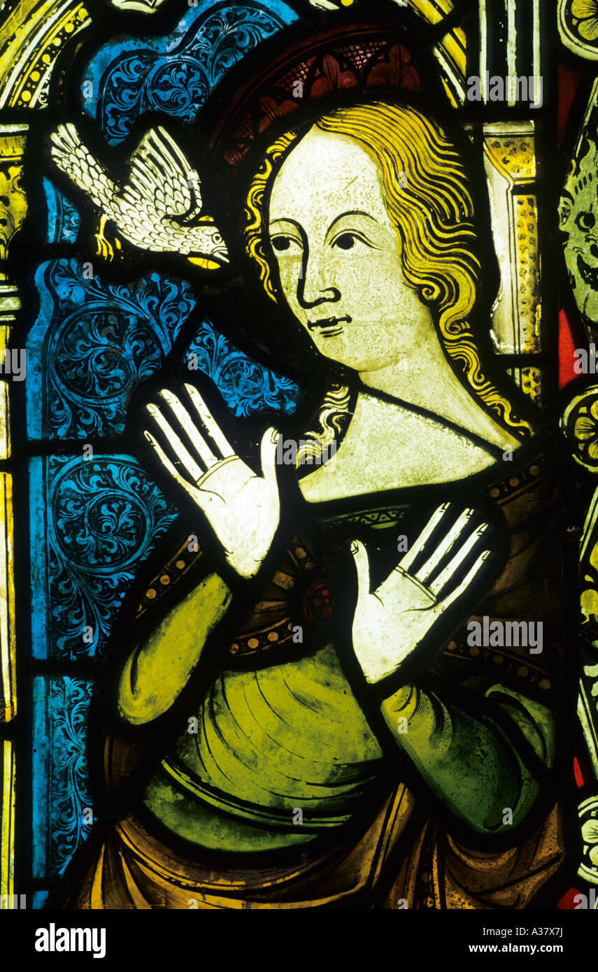 Ely Cathedral, Stained Glass, Annunciation of the Virgin, 1340, 14th century Medieval, dove, biblical, religious, Christian Stock Photo