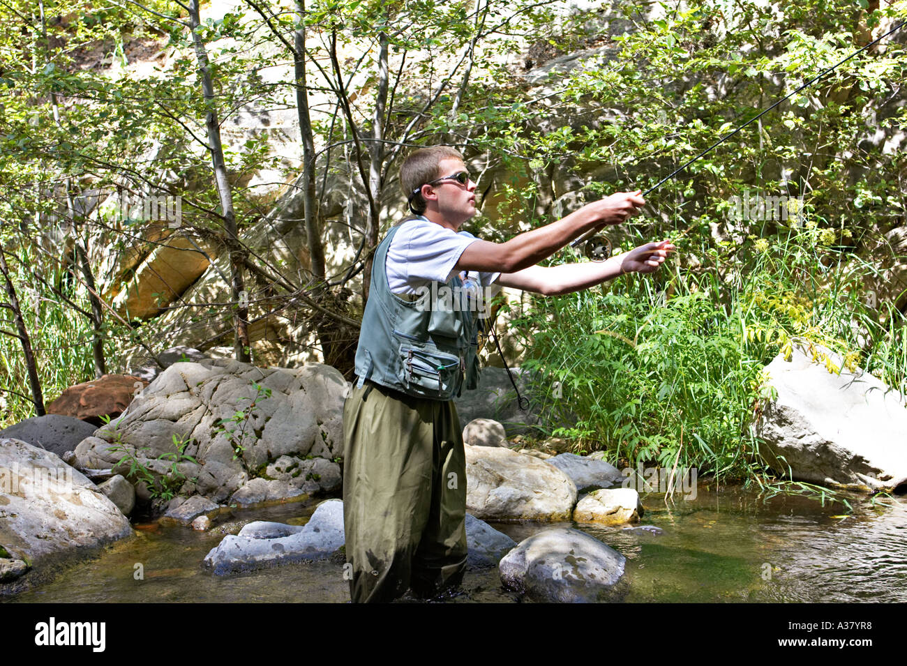 ARIZONA Sedona Teenage boy fly fish in Oak Creek narrow with trees