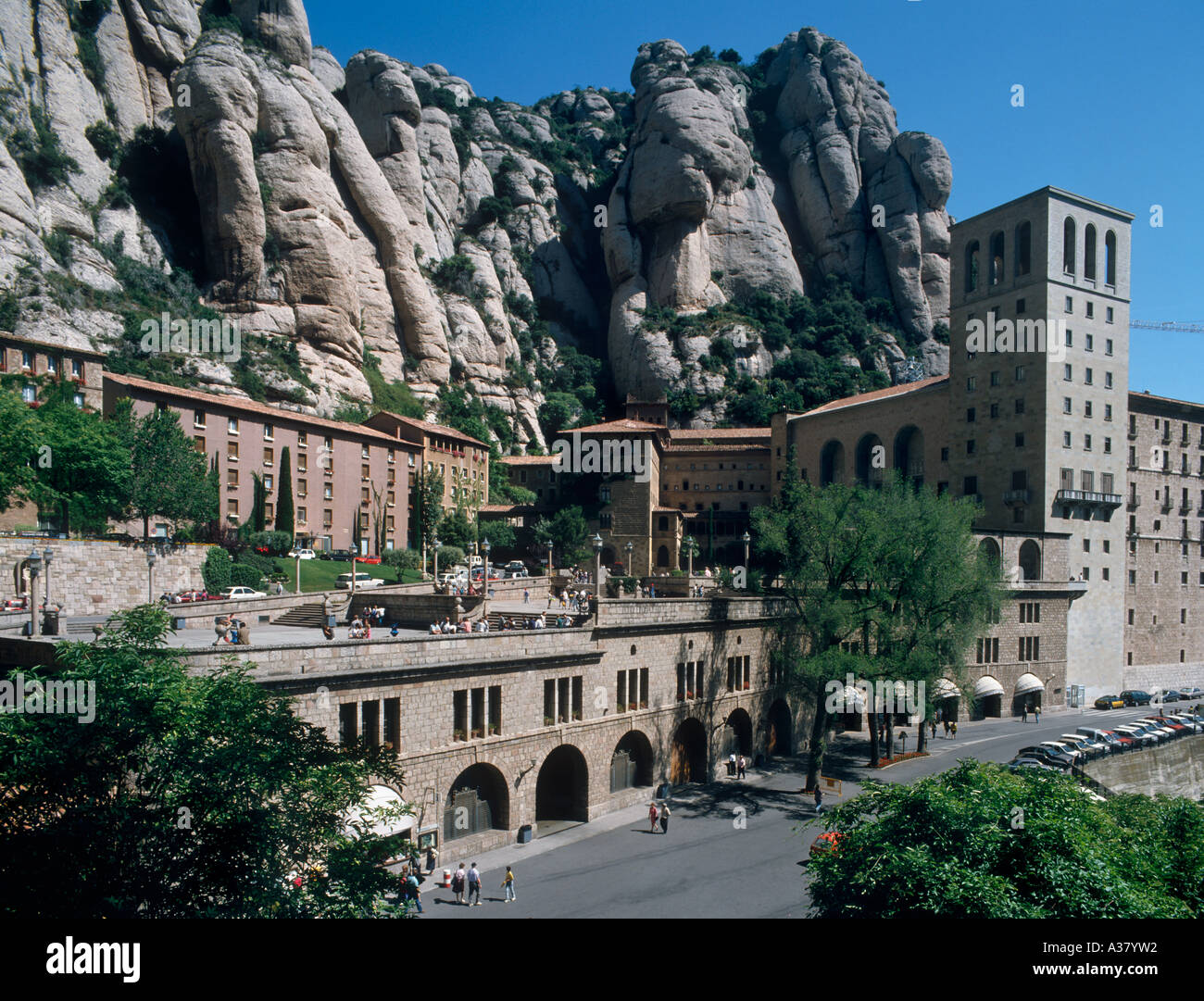 Main Monastery Buildings and Church, Montserrat, Catalunya, Spain Stock Photo