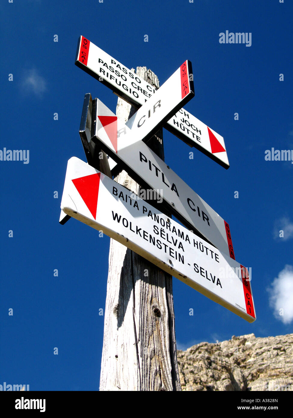 Italy Val Gardena Soth tyrol, signpost, roadsign, foothpath Stock Photo