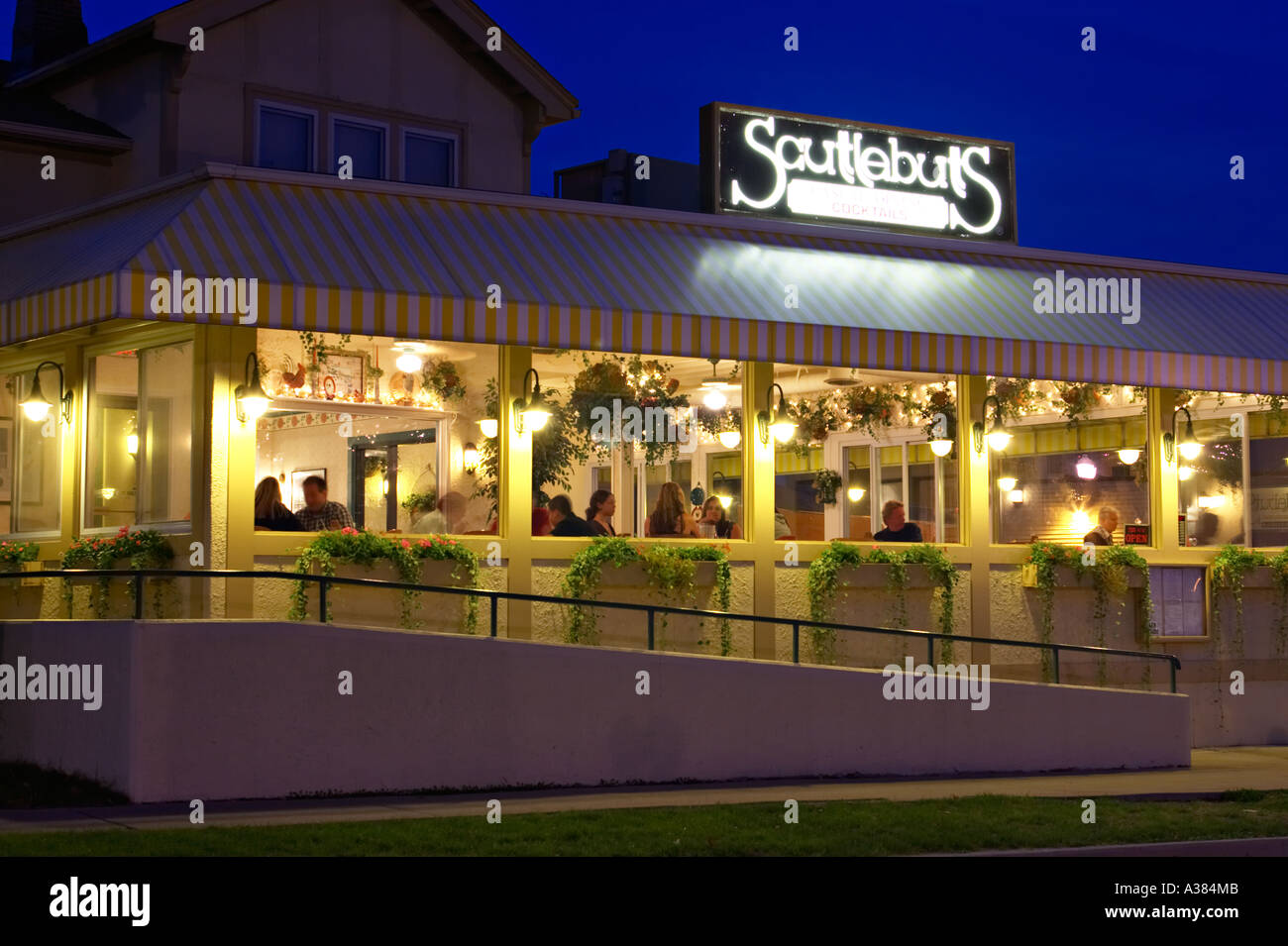 WISCONSIN Lake Geneva Scuttlebutts restaurant at night in downtown