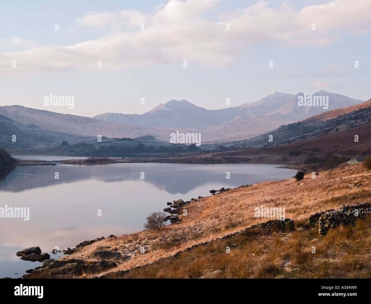 THE SNOWDON HORSESHOE from across Llynnau Mymbyr in winter. Capel Curig