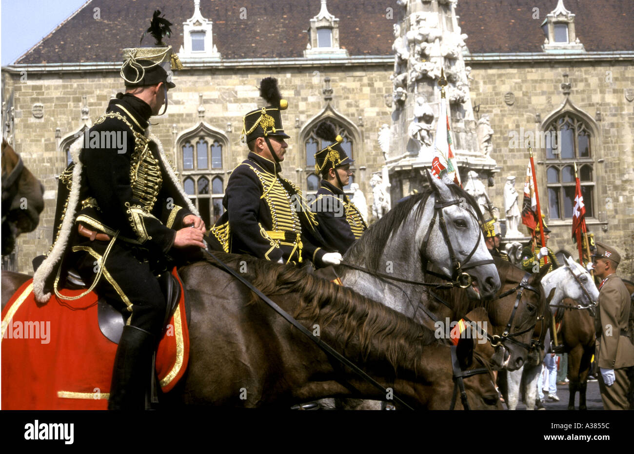 Hussars on horseback in Budapest Hungary military performance Stock Photo
