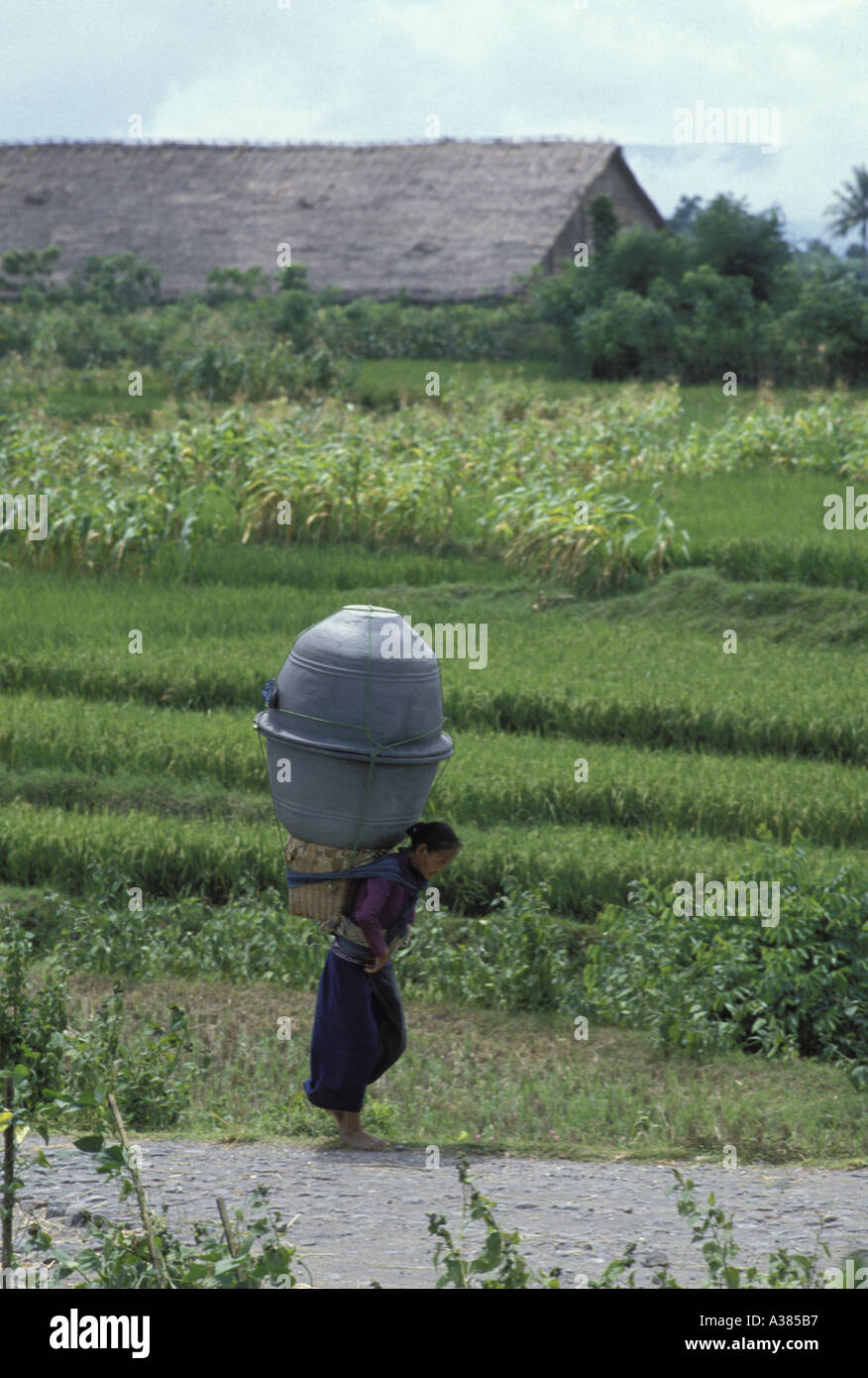 A Javanese woman carry pots in Klaten Central farming region Java Stock Photo