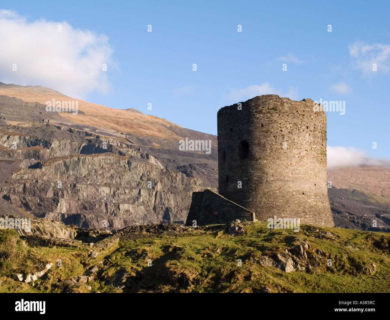 13th century Dolbadarn Castle on high rocky outcrop in Snowdonia ...