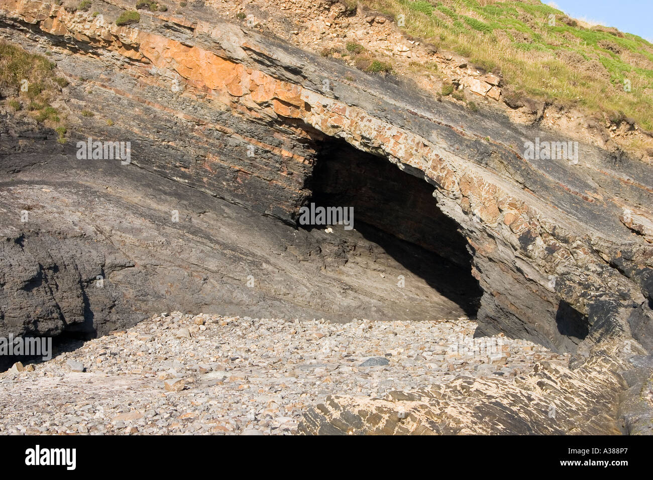 Cave formed by coastal wave erosion Broadhaven beach Dyfed SW Wales UK