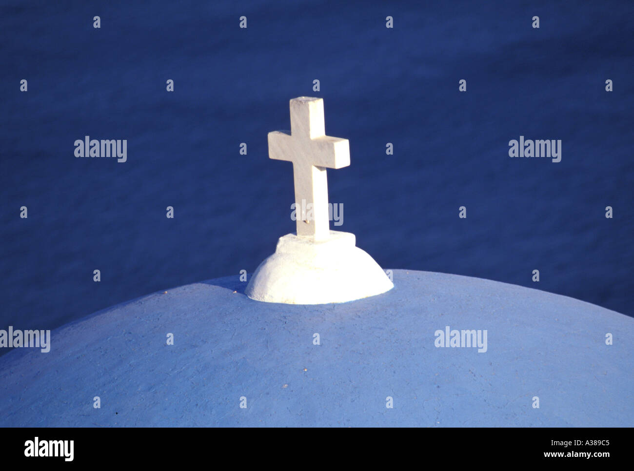 White Cross on Blue Church Dome with Sea in the Background, Greek ...