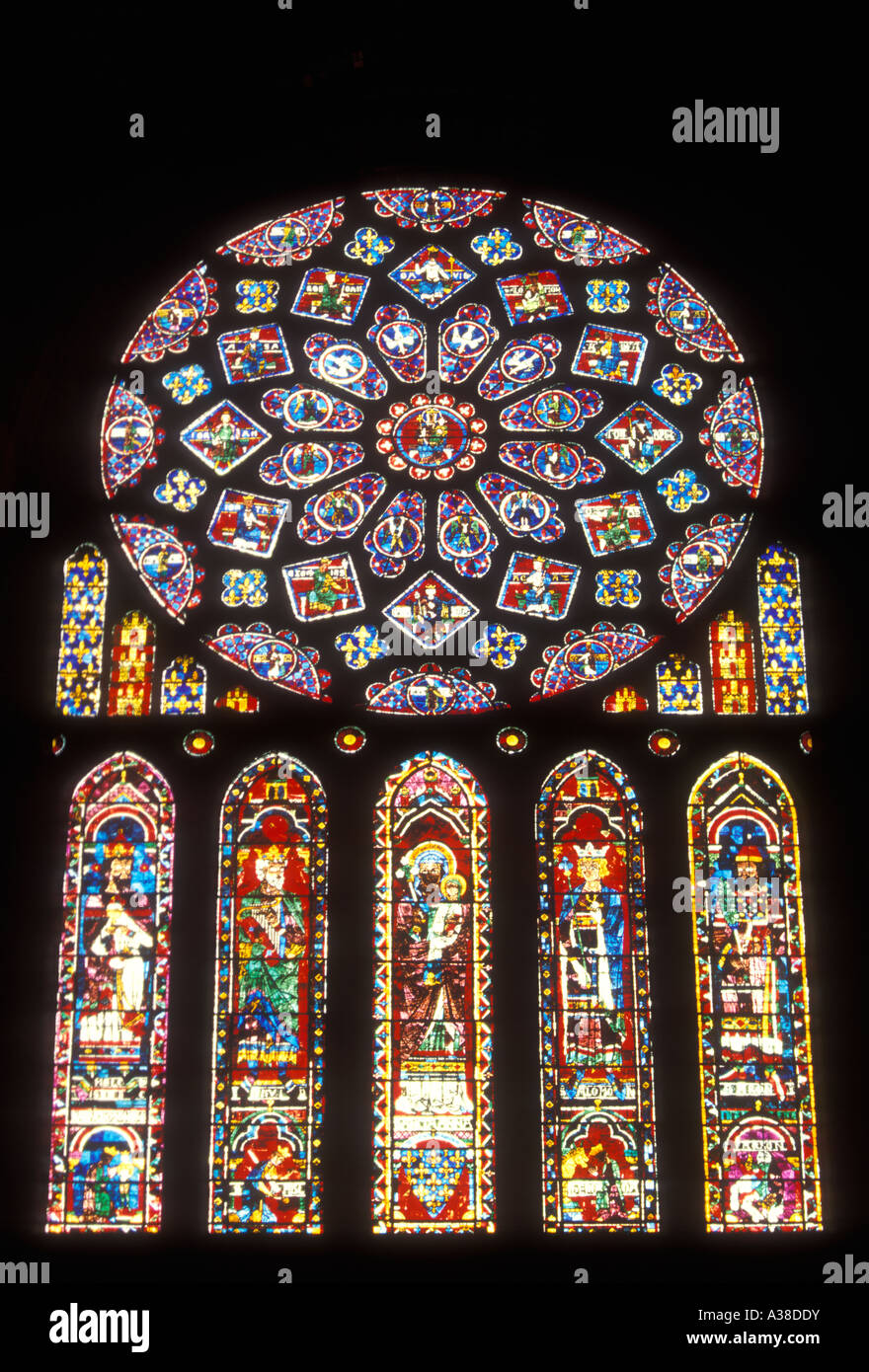 Lancets, below, North Rose window, stained glass, Chartres Cathedral