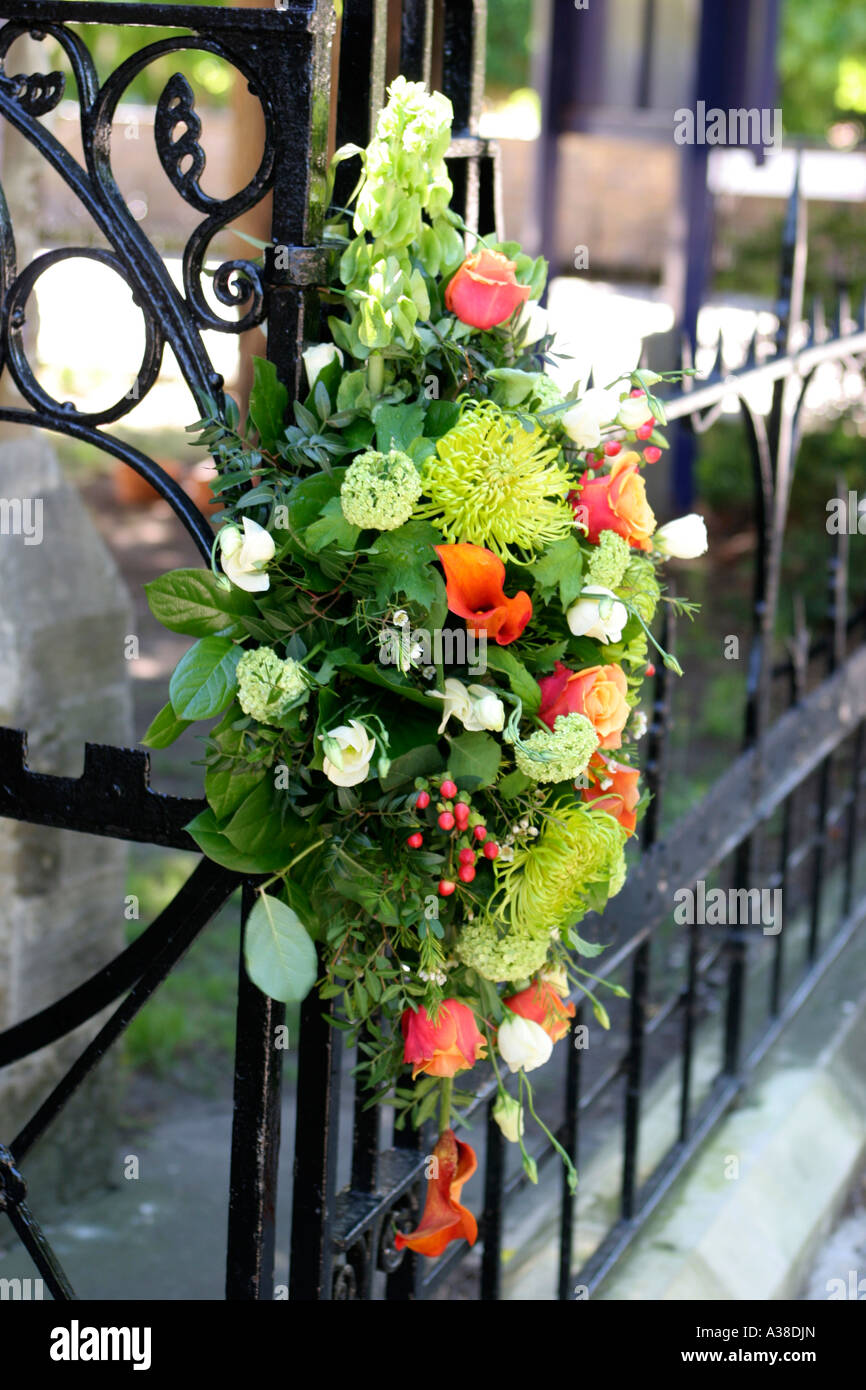 Wedding day flower arrangement outside the church Stock Photo - Alamy