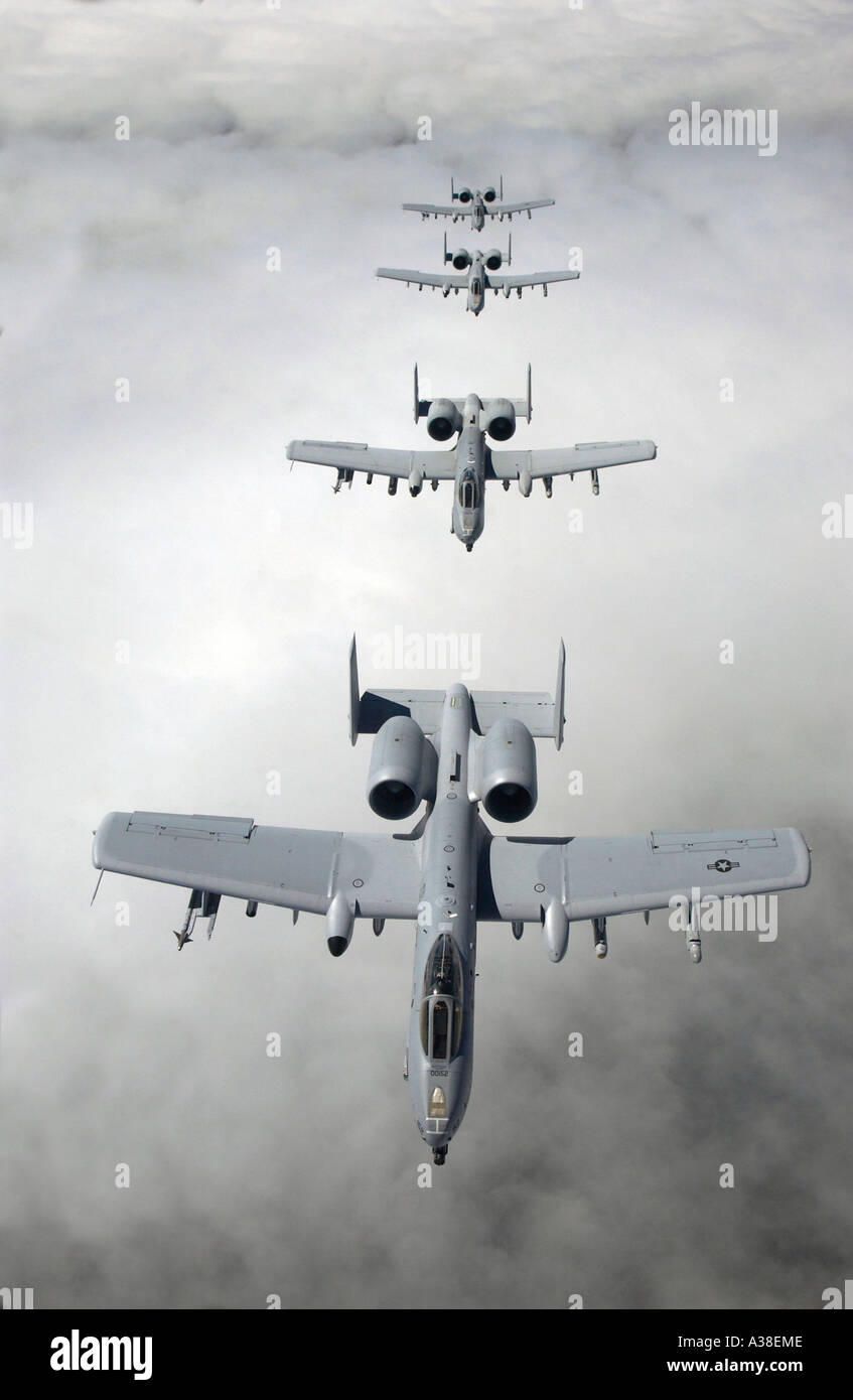 Four A-10 Thunderbolt II aircraft  fly in formation Stock Photo