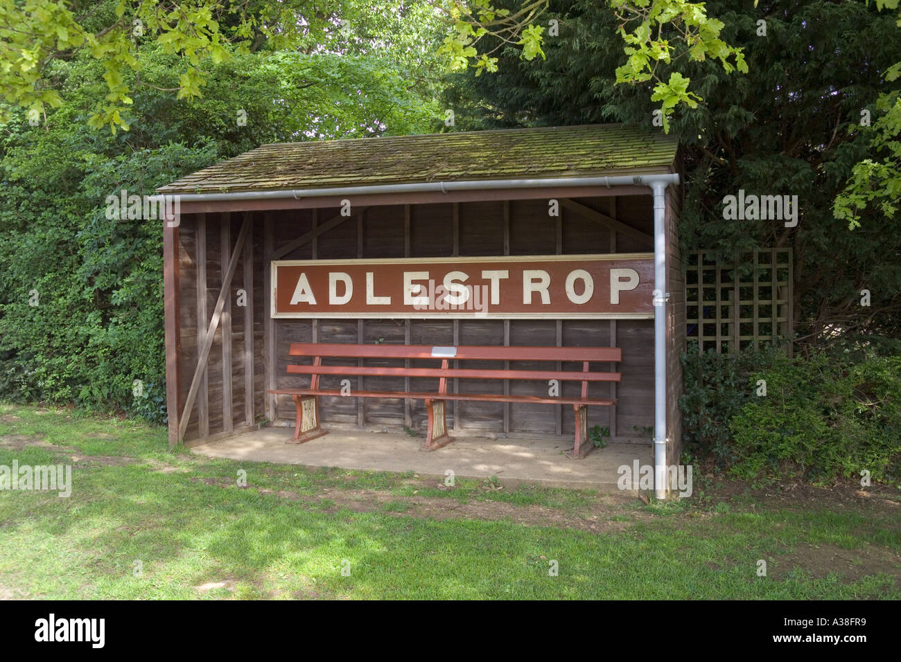 The railway station sign for Adlestrop, Gloucestershire (now situated