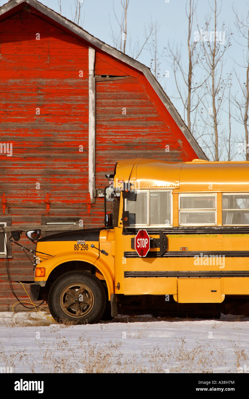 School Bus In Front Of Red Barn Stock Photo 10705831 Alamy