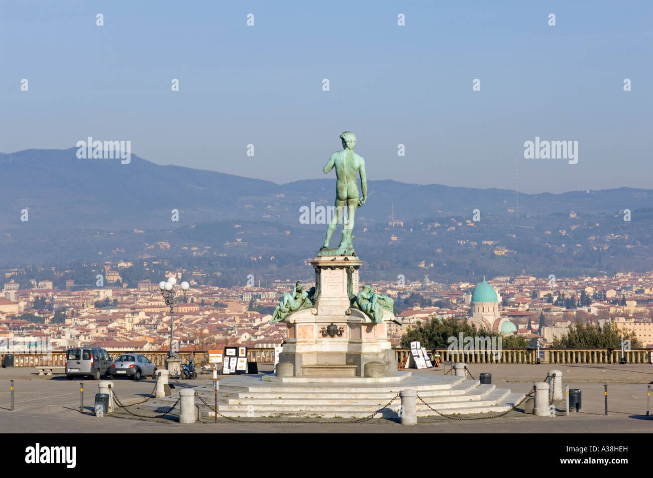 Michelangelo's statue of David (copy) that stands in the middle of the Piazzale Michelangelo overlooking Florence. Stock Photo