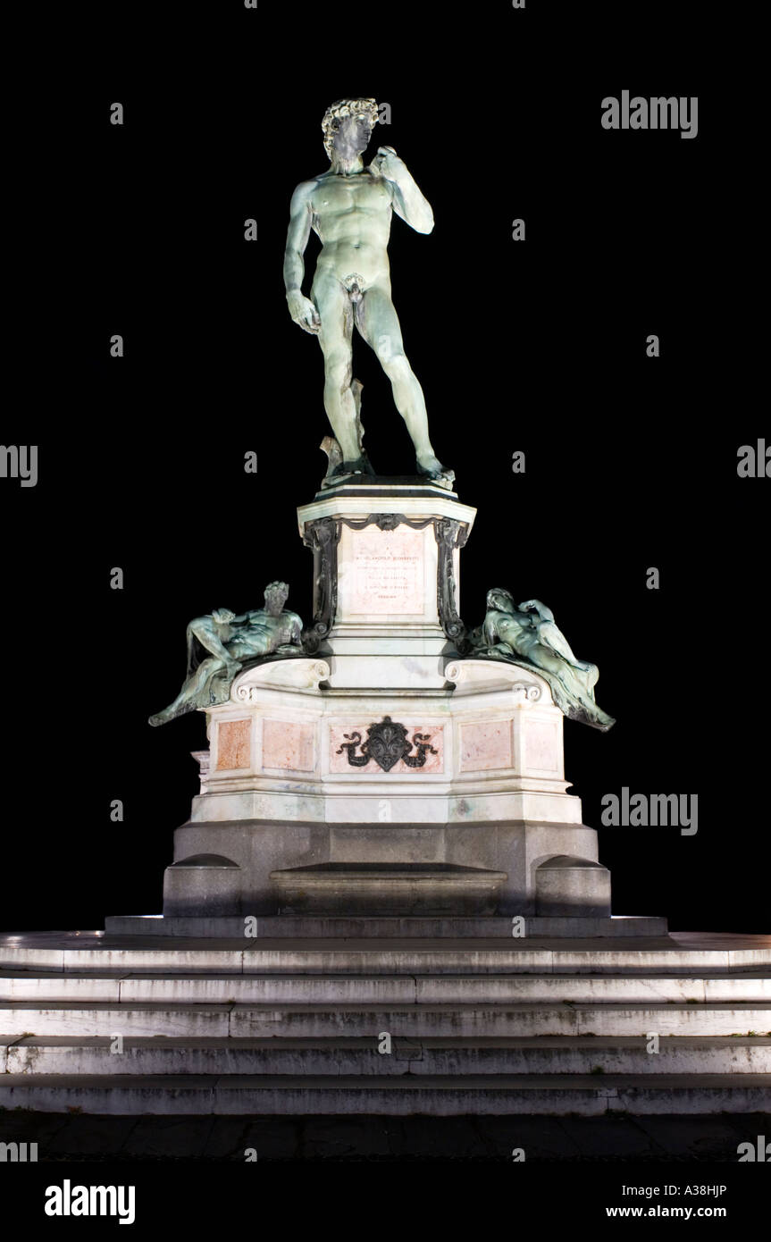 A night view of Michelangelo's statue of David that stands in the middle of the Piazzale Michelangelo overlooking Florence. Stock Photo
