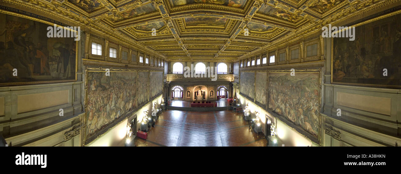 A 2 picture stitch panoramic of the Salone dei Cinquecento inside the Palazzo Vecchio in Florence. Stock Photo