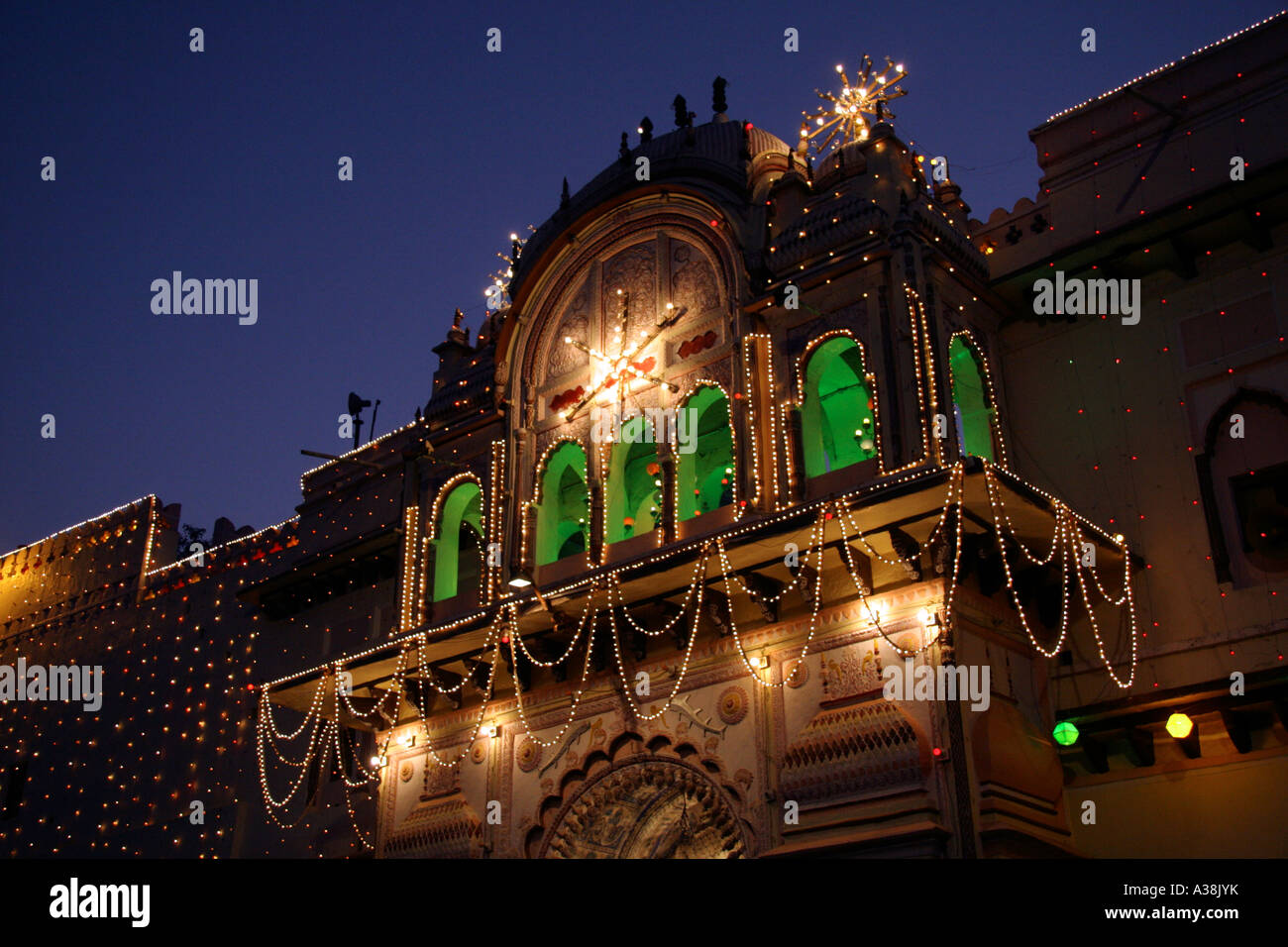 Diwali decorations on the Ram Raja Temple, in the Bazar of Orchha, Madhya Pradesh, India Stock Photo