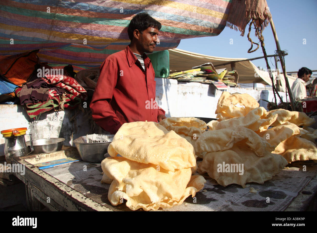 Papadum stall at the annual Hindu pilgrimage to the sacred Pushkar Fair in Northern Rajasthan, India Stock Photo