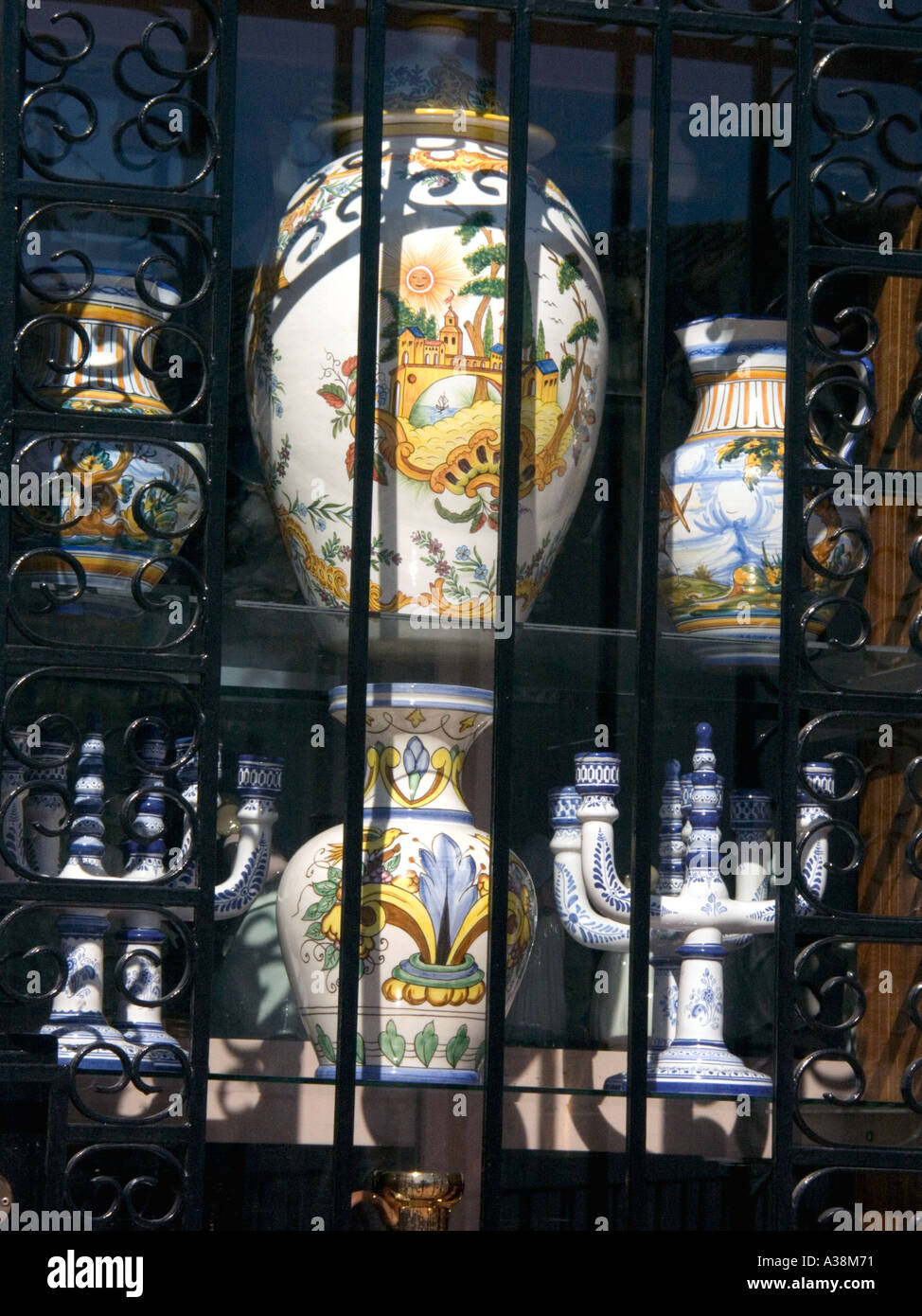 Colourful Ceramic Vases in a shopwindow, Mijas, Spain Stock Photo