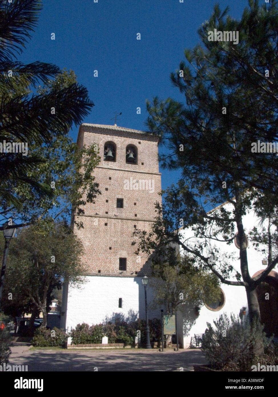 Mudéjar style bell tower, Parroquia de la Inmaculada Concepcion (Church of the Immaculate Conception), Mijas Pueblo, Spain Stock Photo