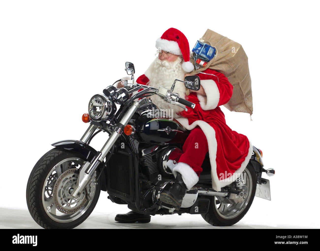 Nikolaus auf einem Motorrad, Santa Claus riding motorbike Stock Photo