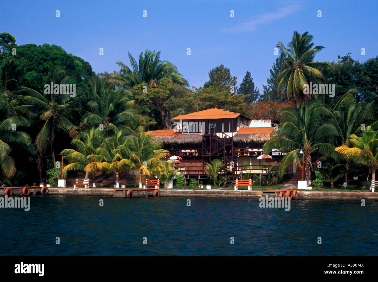Marimonte Hotel along the Rio Dulce in the town of El Relleno in Izabal Department Guatemala Stock Photo