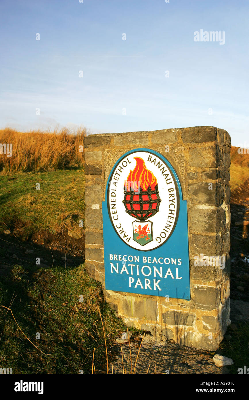 Closeup of a stone roadside sign showing the entrance to the beautiful Brecon Beacons national park in Mid Wales UK Britain Stock Photo