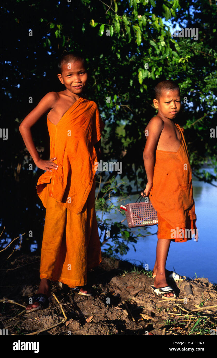Novice monks on Don Det Island Southern Laos Stock Photo
