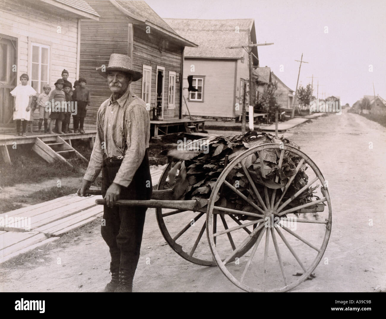A French Canadian with a cart carrying tobacco Stock Photo