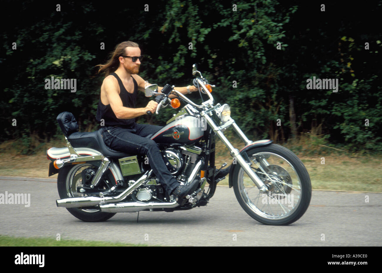 Riding Harley Davidson Wideglide Stock Photo Alamy