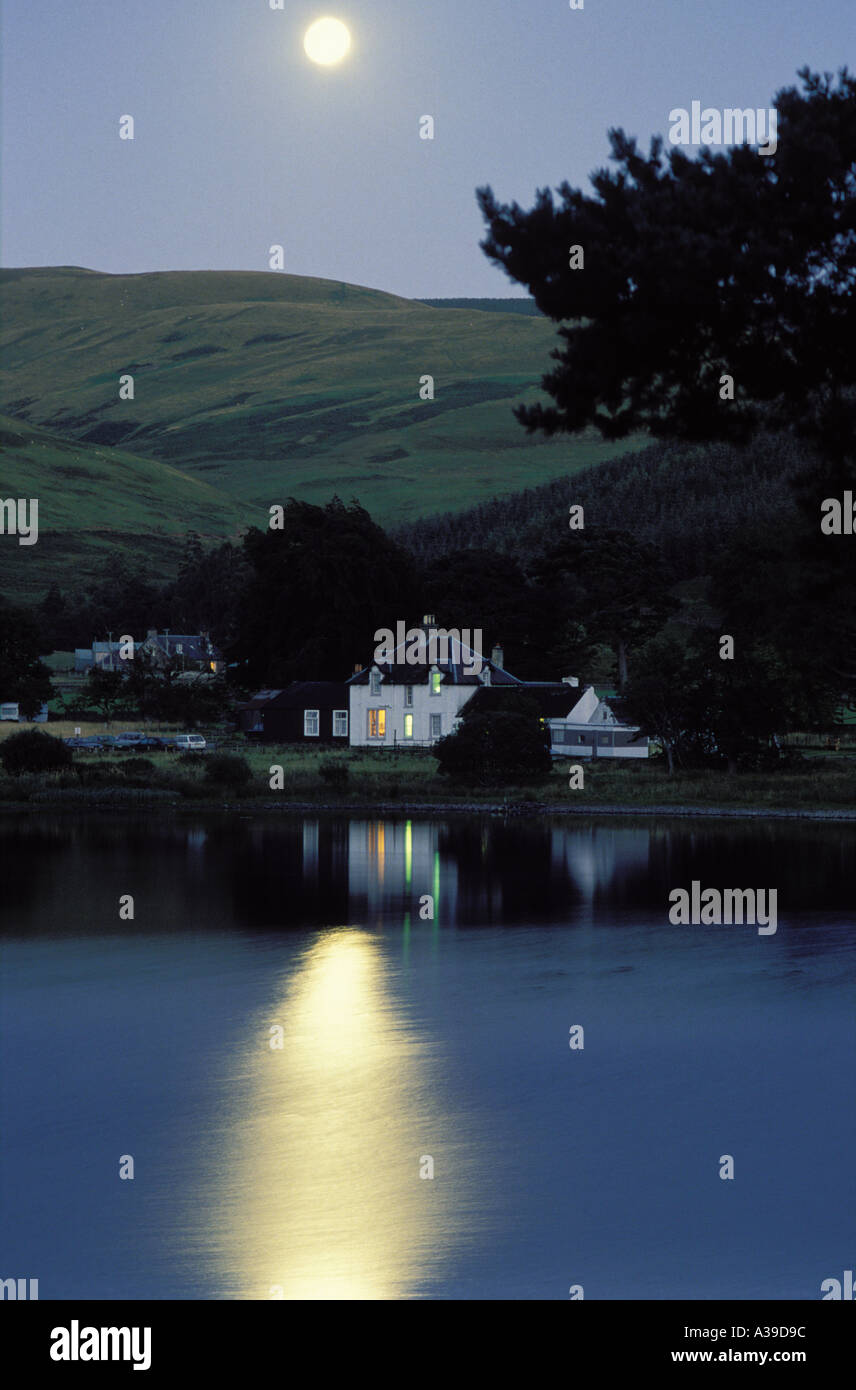 Moonrise over Tibbie Shiels Inn St Marys Loch Scottish Borders Stock Photo