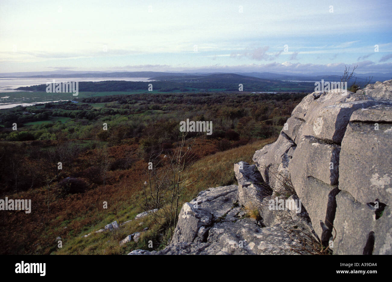 Morecambe Bay seen from the limestone crags of Warton Crag Lancashire Stock Photo