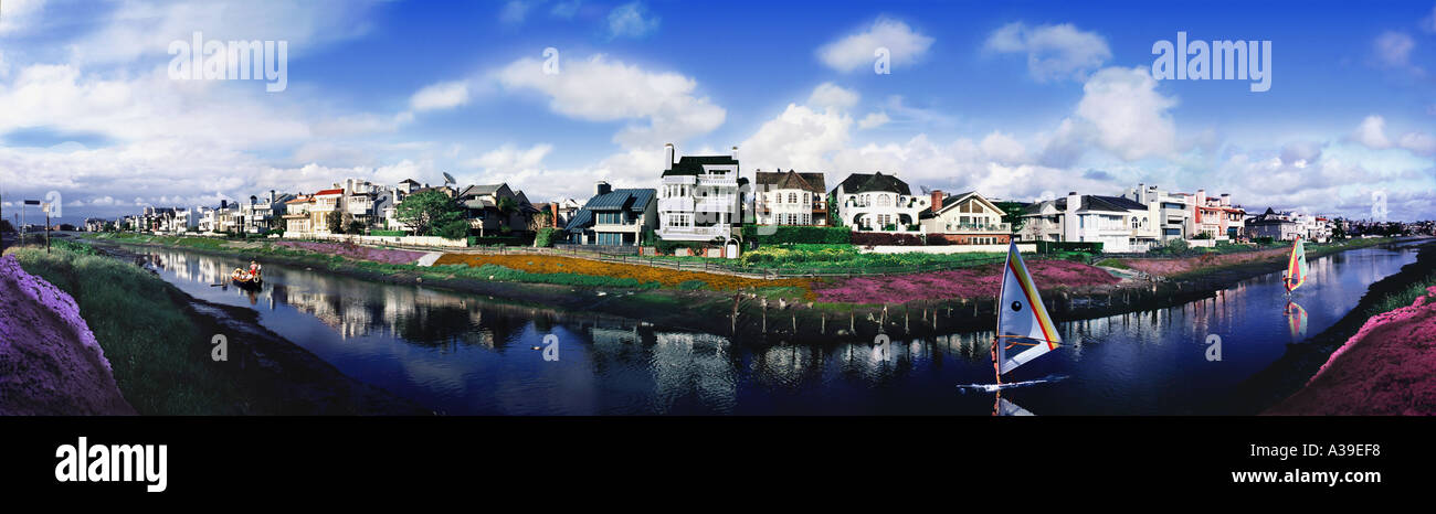 The canals neighborhood in Venice CA. Fully restored and remodeled homes Los Angeles Ca. Gondola Panorama Los Angeles Stock Photo