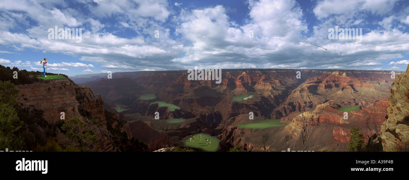 Golf Greens Grand Canyon Man Golfer Funny Humorous Sand Trap Driving Golf Ball  mountain skyline Unbelievable Stock Photo
