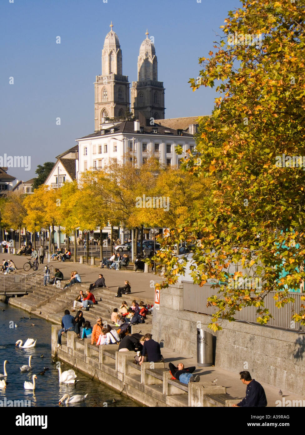 Switzerland Zurich Grossmunster Limmatquai in autumn promenade Stock Photo