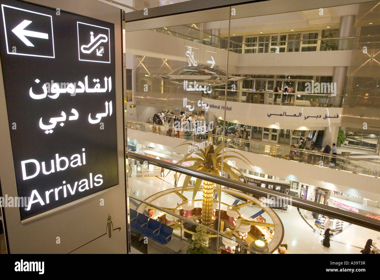 Dubai International Airport Dubai United Arab Emirates Sheik Rashid Terminal duty free shopping zone Dubai arrivals sign Stock Photo